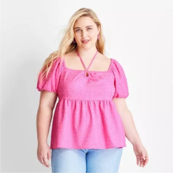Target Future Collective Pink Square Tie Neck Puffed Short Sleeve Top Blouse - Picture 4 of 9